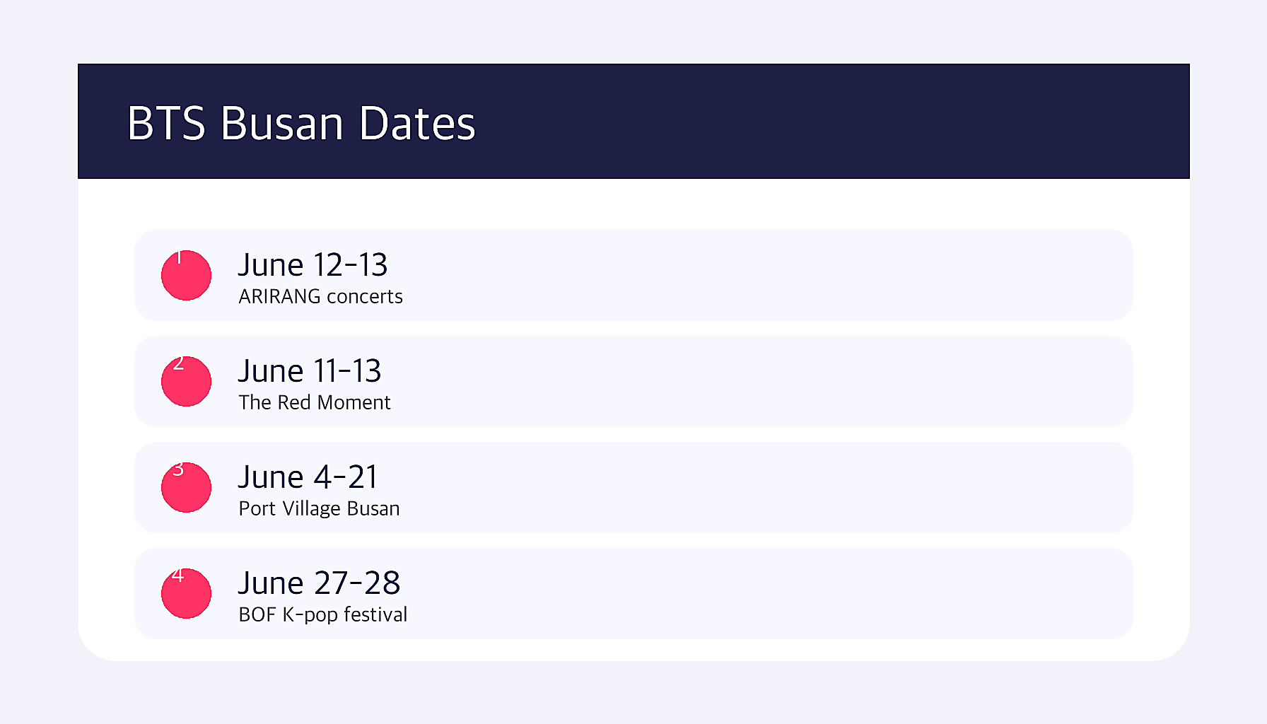 BTS Busan events June 2026 infographic with major dates