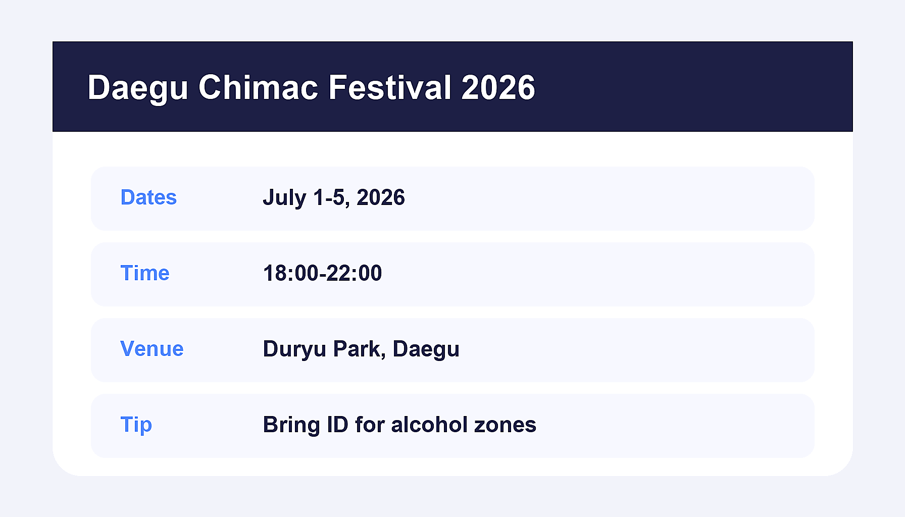 Daegu Chimac Festival 2026 dates venue Duryu Park