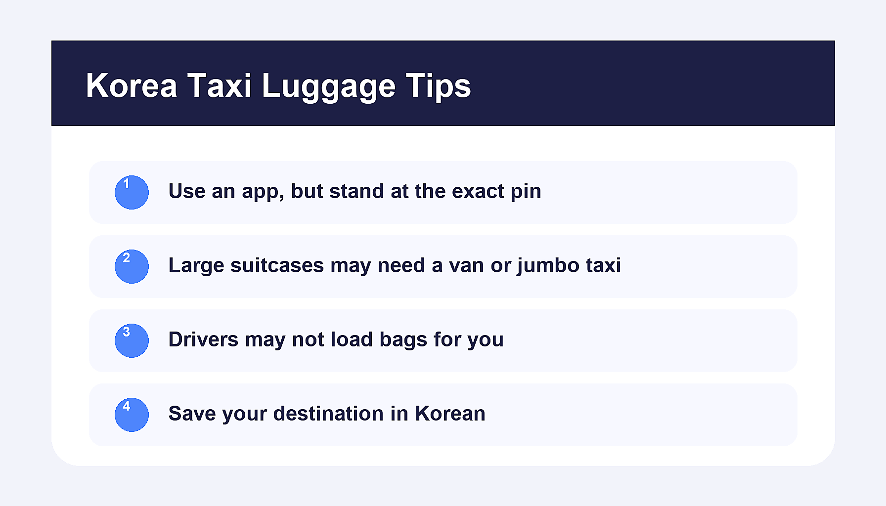 Korea taxi luggage tips for foreigners app pickup infographic