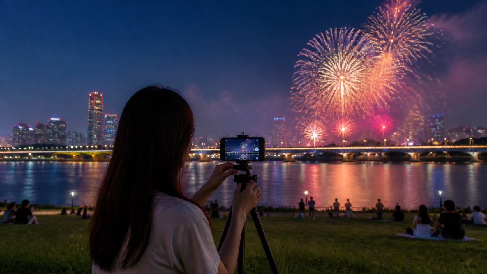 Seoul fireworks festival photography tips 2026 visitor using a smartphone on a tripod beside the Han River