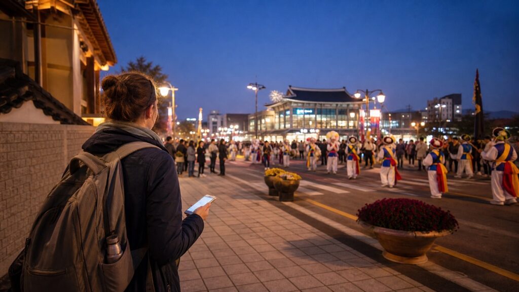 Andong Maskdance Festival 2026 opening-night route with a visitor watching a mask-dance parade near Andong Station