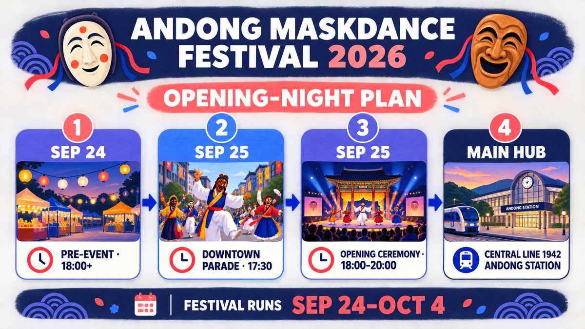 Andong Maskdance Festival 2026 opening-night dates, parade time, ceremony time, and station infographic