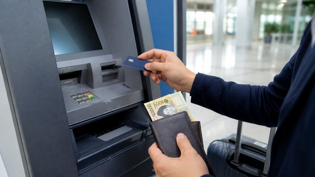 Korea ATM foreign card fees 2026 traveler inserting a foreign debit card while holding Korean won