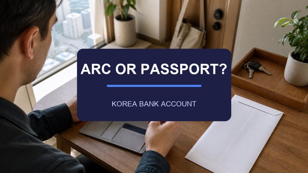 Korean bank account without ARC 2026 passport and residence documents prepared at a Seoul apartment table