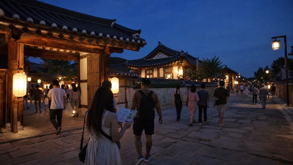 Gangneung National Heritage Night 2026 blue-hour heritage street and lantern-lit gate