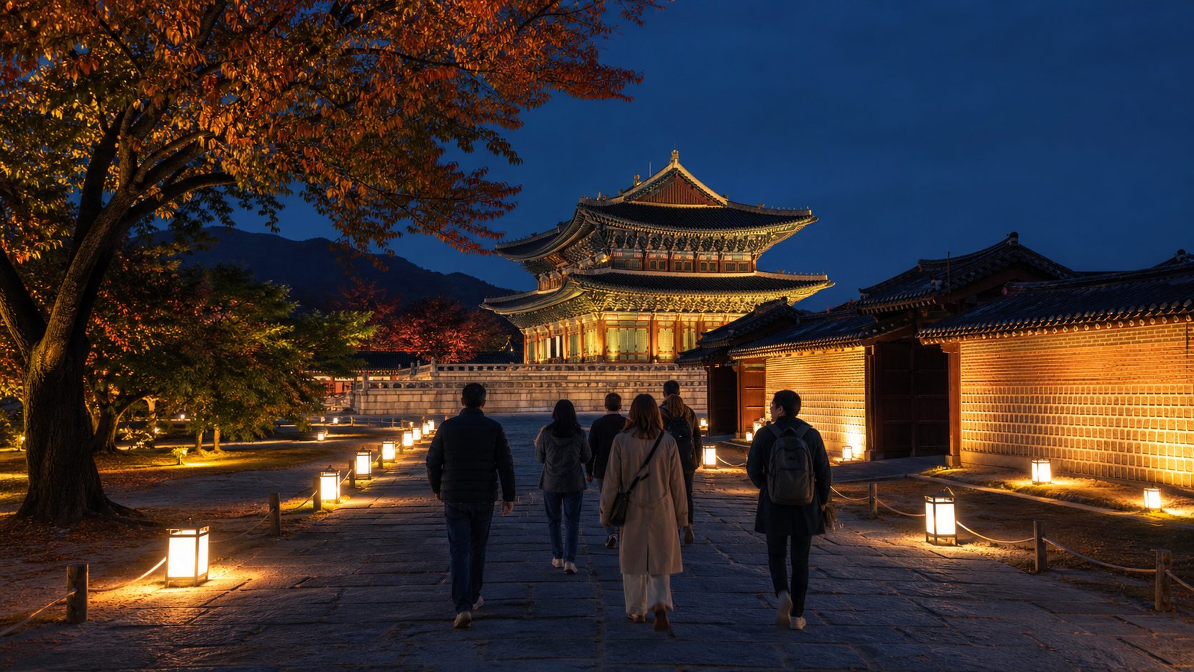 Gyeongbokgung Palace Night Viewing 2026 illuminated palace path and visitors walking toward a royal hall