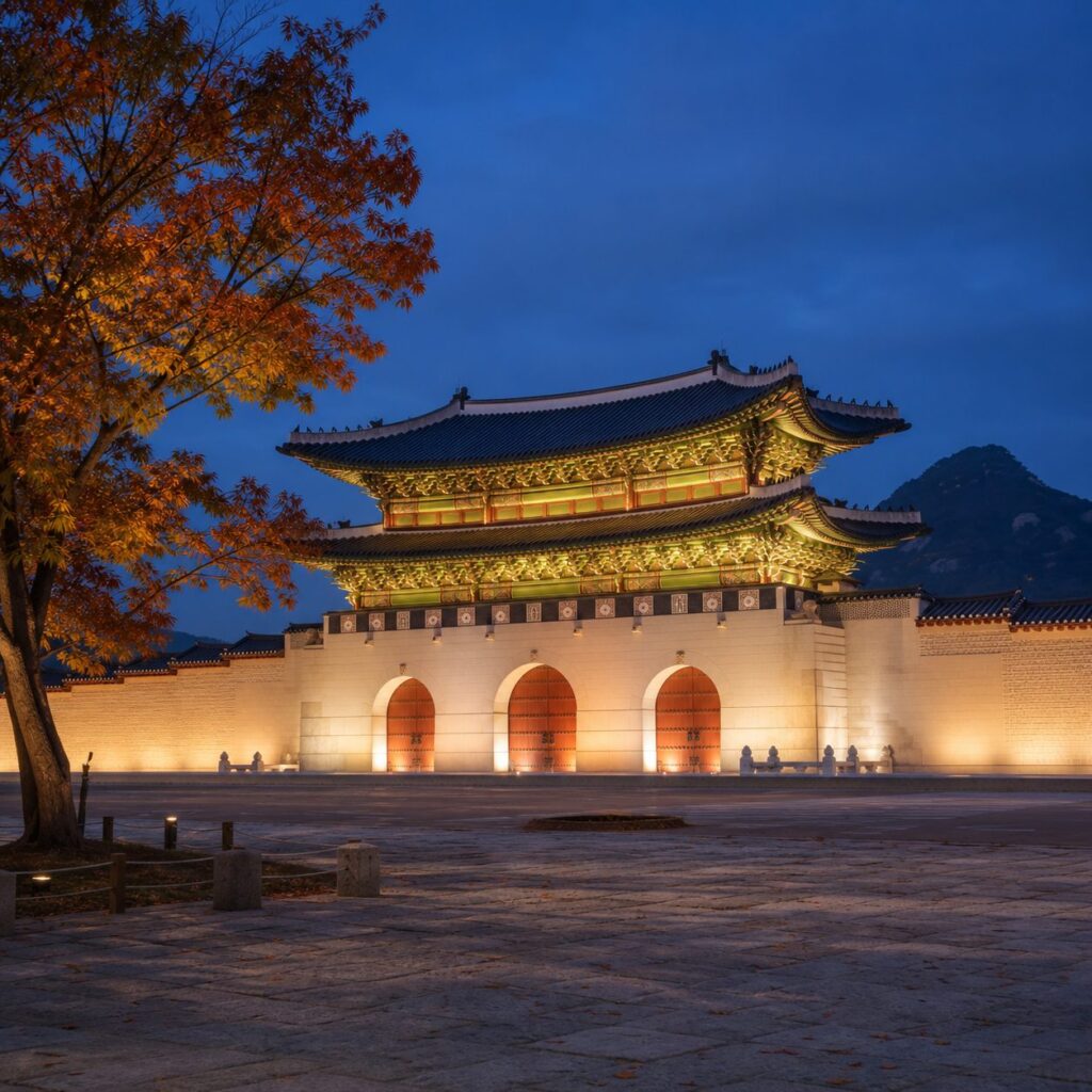 Gyeongbokgung Palace Night Viewing 2026 illuminated Gwanghwamun Gate and autumn palace courtyard at night