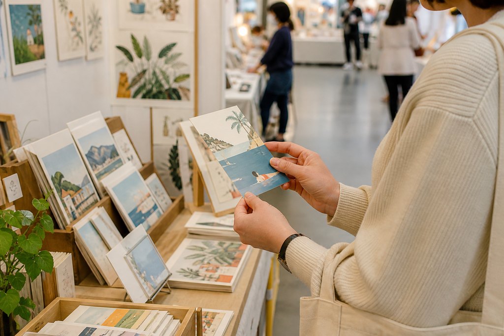K-Illustration Fair Magok 2026 visitor browsing art prints at a maker table in a photo-style exhibition scene