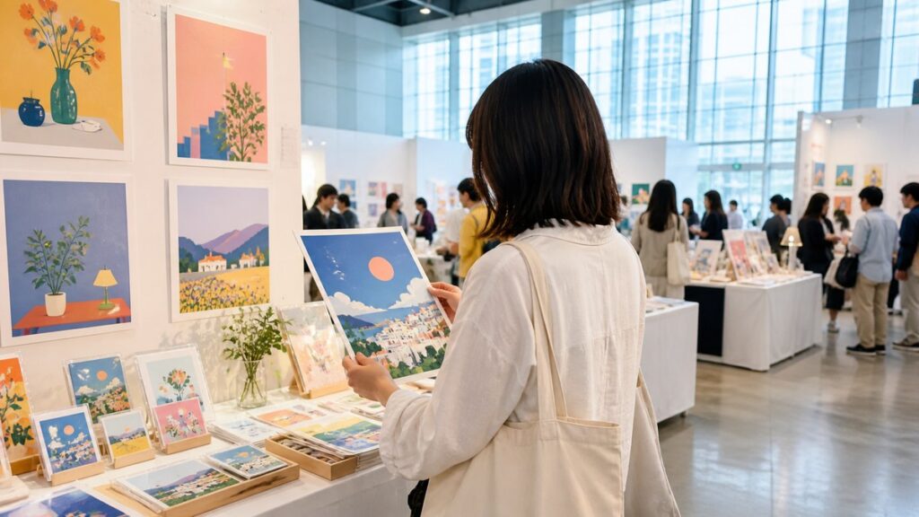 K-Illustration Fair Magok 2026 visitor browsing colorful illustration prints in a Seoul exhibition hall