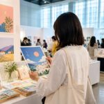 K-Illustration Fair Magok 2026 visitor browsing colorful illustration prints in a Seoul exhibition hall