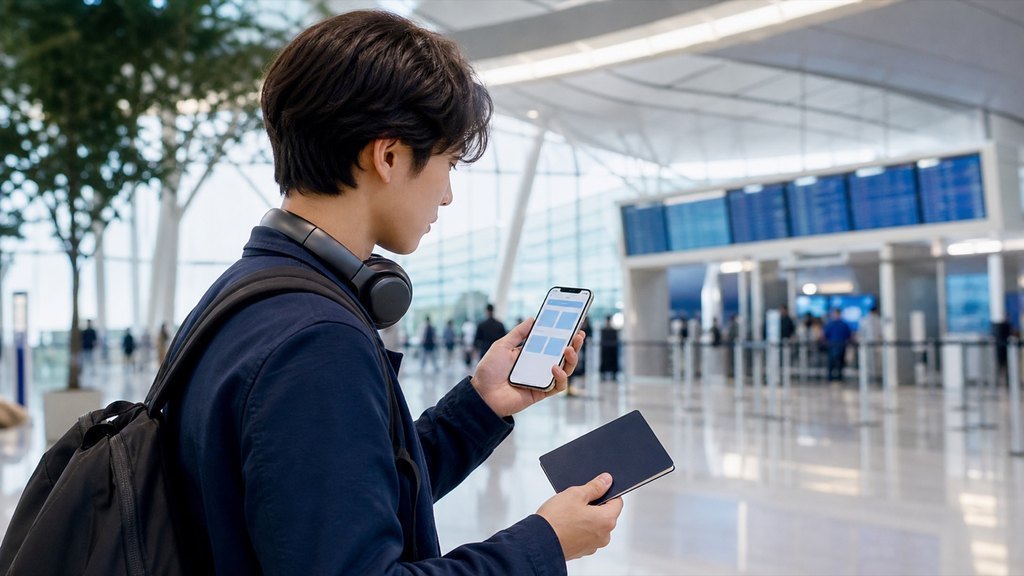 K-ETA Korea 2026 traveler checking passport and arrival details at an airport