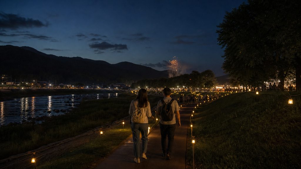 Muju Firefly Festival 2026 night-show route illustration along a riverside viewing path