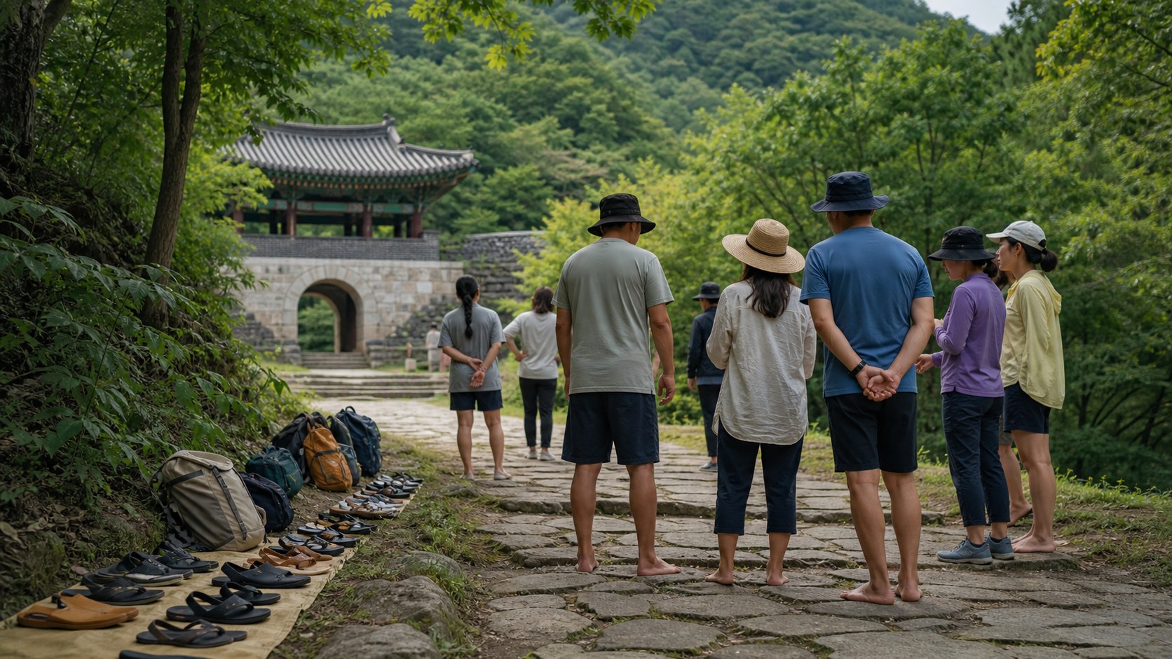 Mungyeong Saejae Bare-foot Festival 2026 visitors preparing beside a stone path at Mungyeong Saejae Provincial Park