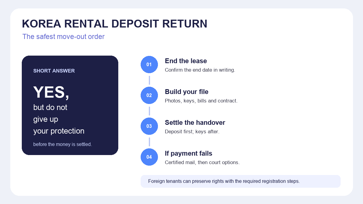 Korea rental deposit return 2026 move-out path showing lease end, evidence, handover and legal protection