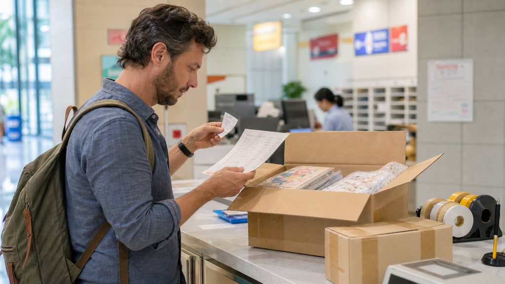 Korean purchases shipped home at a Korea Post counter with receipts and a contents list