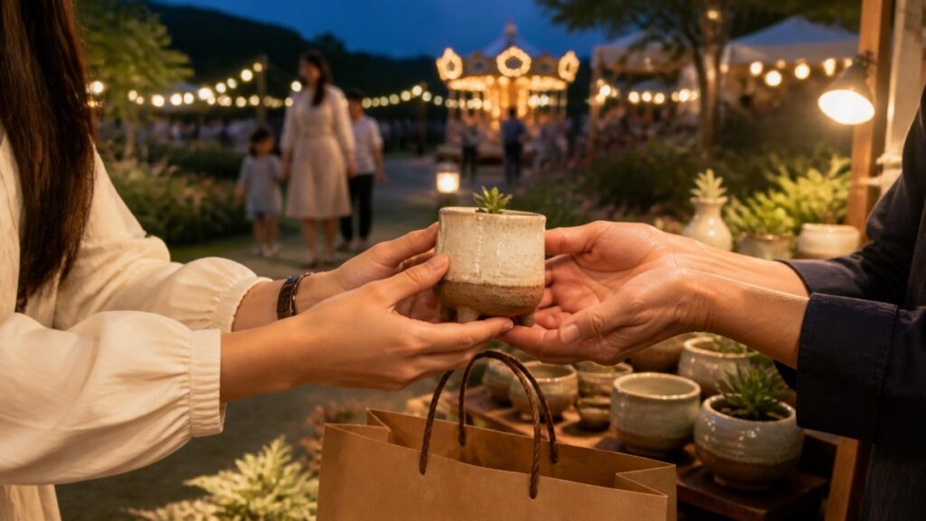 Ulsan Garden Night Market 2026 handmade planter purchase under warm garden lights