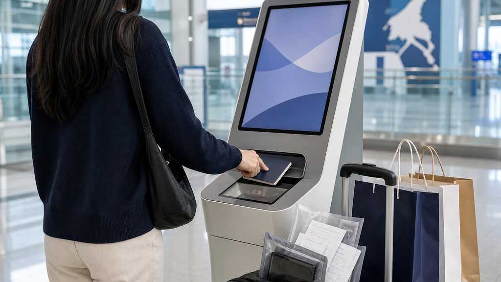 Korea VAT refund airport traveler scanning a passport beside unopened shopping bags and receipts