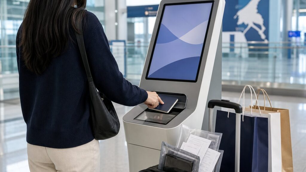 Korea VAT refund traveler using an airport kiosk with shopping bags