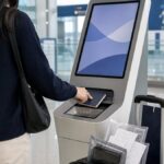 Korea VAT refund traveler using an airport kiosk with shopping bags