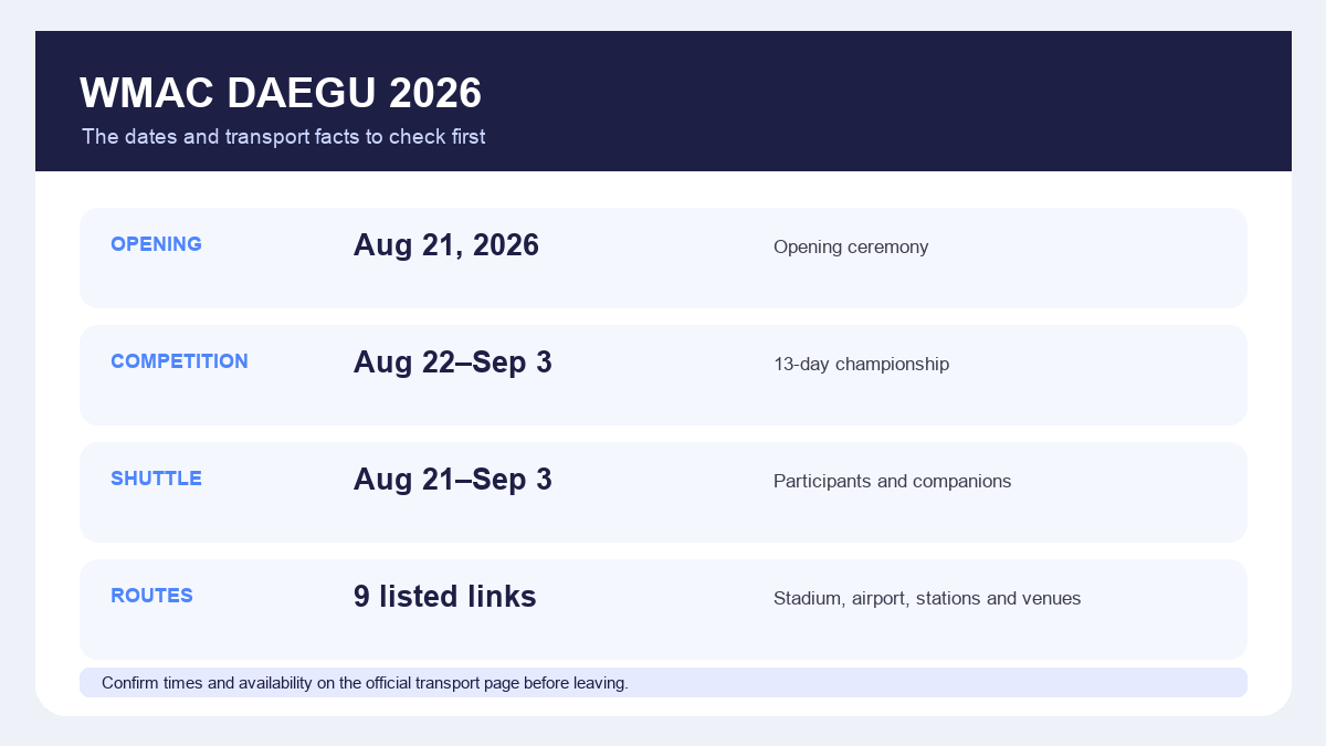 Daegu World Masters 2026 opening ceremony shuttle dates, eligibility, routes and venue connections