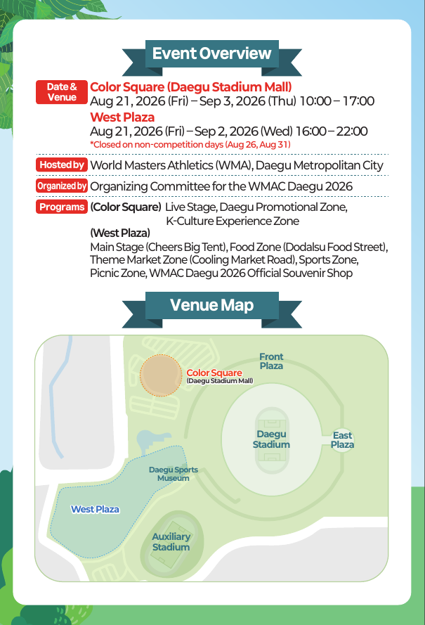 Chimaek Zone WMAC event overview showing West Plaza evening hours and main-stage program areas