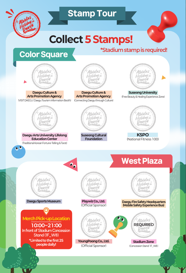 WMAC Stamp Tour brochure page showing five-stamp rule and Color Square and West Plaza booth areas