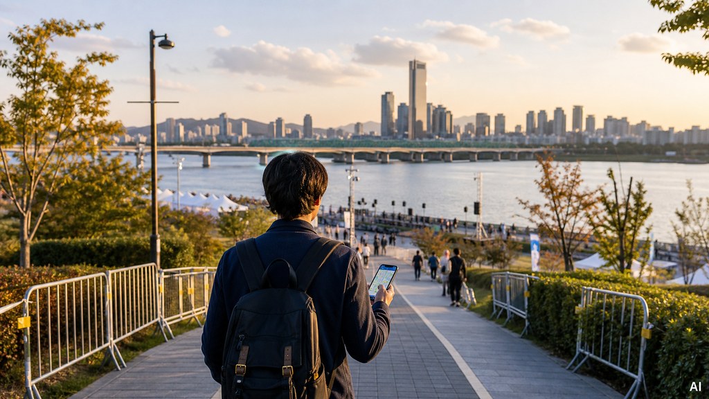 how to get to Yeouido Han River Park 2026 editorial illustration of an international visitor walking toward the Han River with a phone map