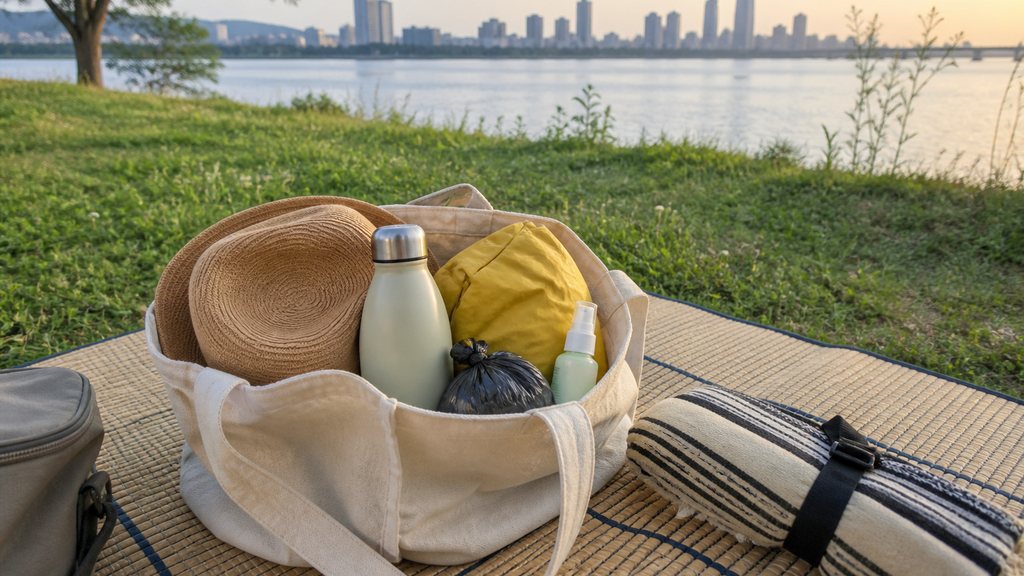 Seoul fireworks festival what to bring 2026 riverside packing kit with a hat, water bottle, rain poncho, insect repellent and rubbish bag