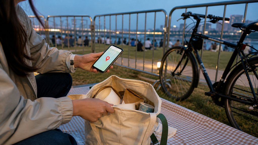 Seoul fireworks festival safety 2026 visitor sorting food containers beside a bicycle and crowd barrier at the Han River