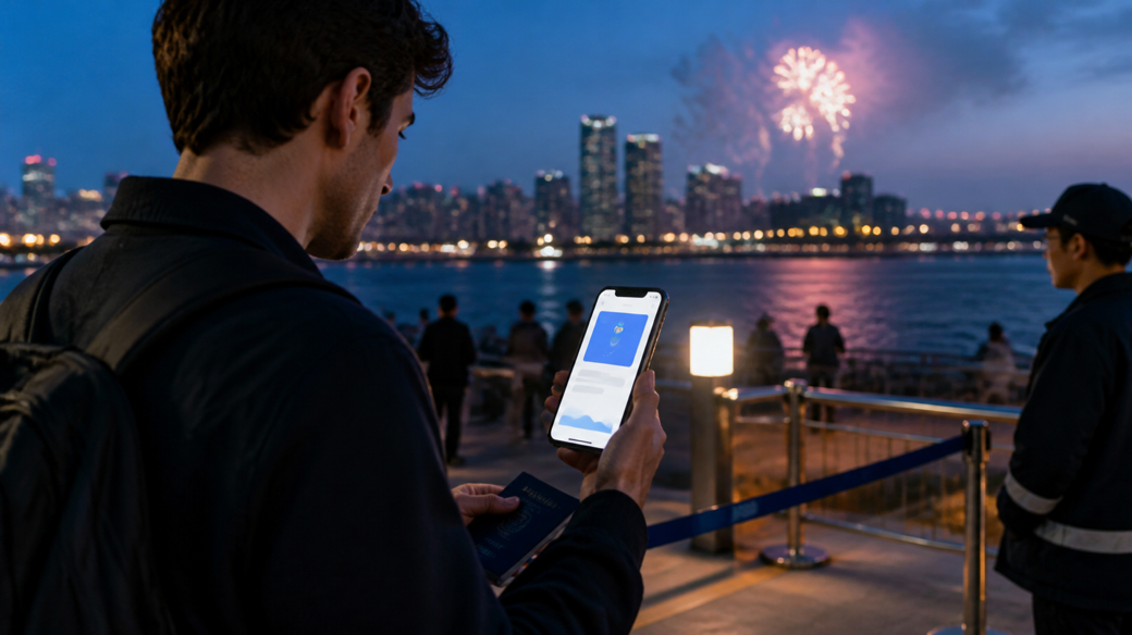 Seoul fireworks festival ticket resale 2026 visitor checking an official ticket beside the Han River