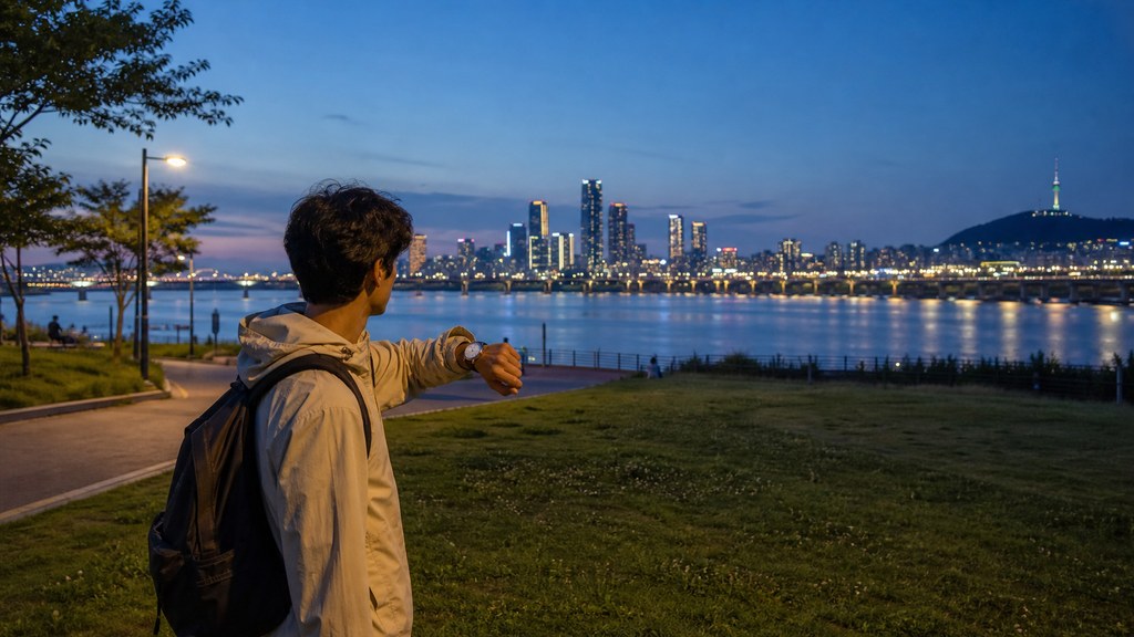 Seoul fireworks festival start time 2026 editorial illustration of a visitor checking a wristwatch beside the Han River at blue hour