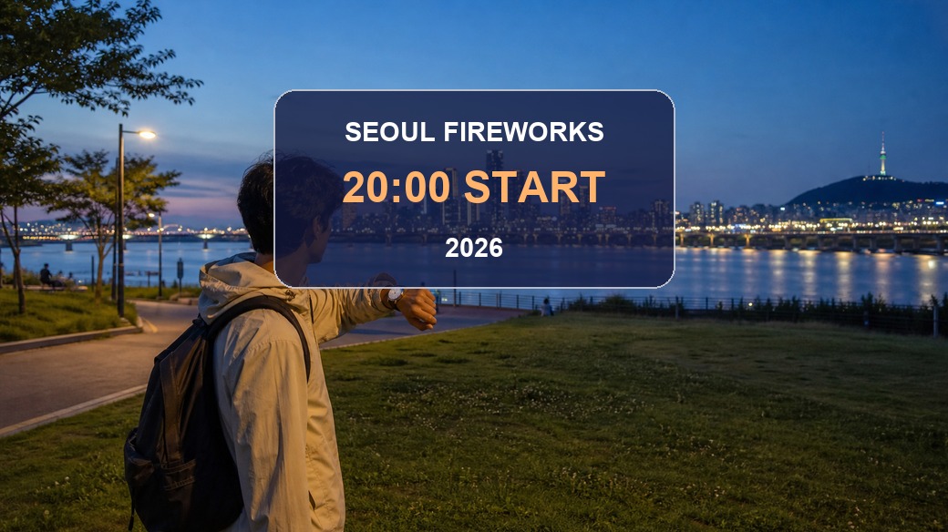 Seoul fireworks festival start time 2026 thumbnail showing a visitor checking the time beside the Han River