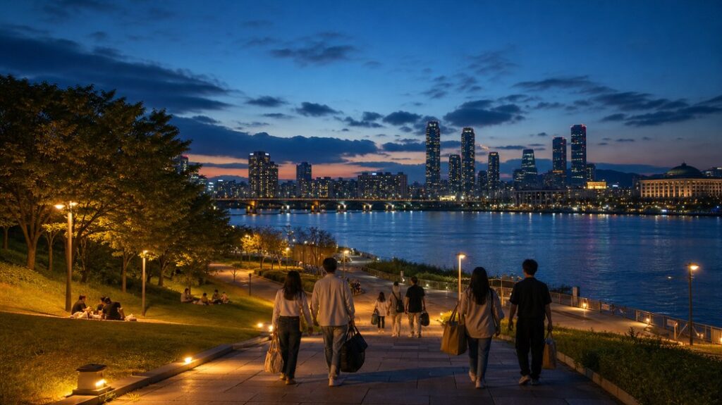 Seoul fireworks festival 2026 Han River viewing area at dusk with a pedestrian route and city skyline