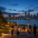 Seoul fireworks festival 2026 Han River viewing area at dusk with a pedestrian route and city skyline