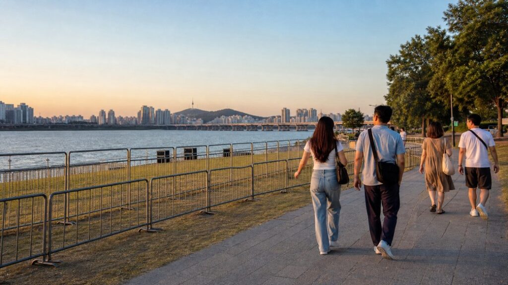 Nodulseom Orange Play Zone tickets and entry 2026 Han River viewing area at dusk with visitors approaching the riverside venue