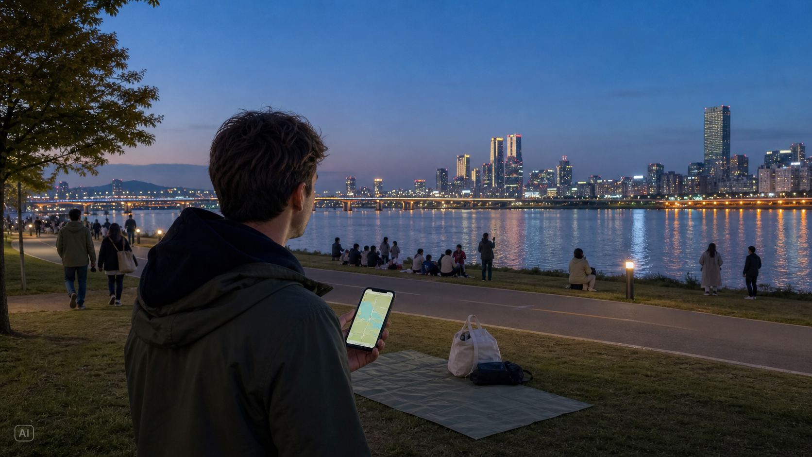 Seoul fireworks festival best viewing spots 2026 editorial illustration of an international visitor comparing Han River sightlines with people along the riverside