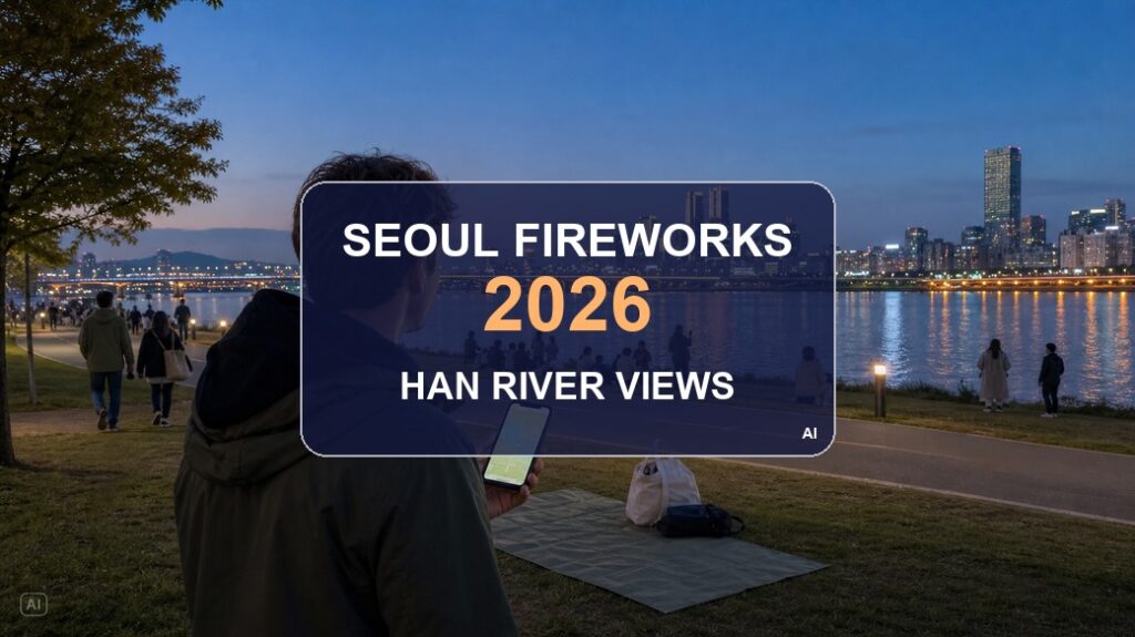 Seoul fireworks festival best viewing spots 2026 thumbnail with a Han River viewing scene and centered title text
