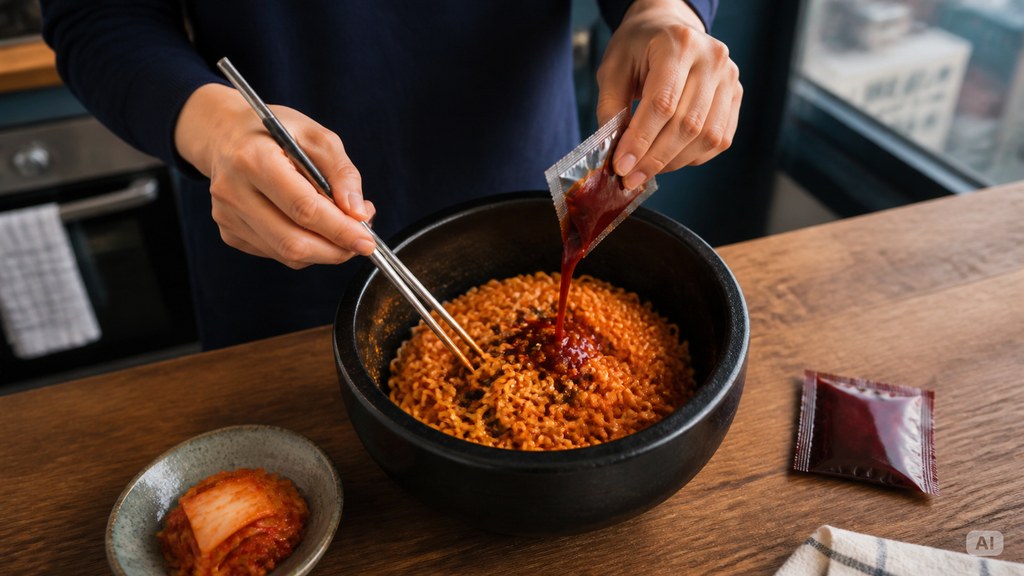 Buldak ramen flavors for beginners 2026 AI editorial illustration of sauce being mixed into Korean spicy noodles in a Seoul kitchen