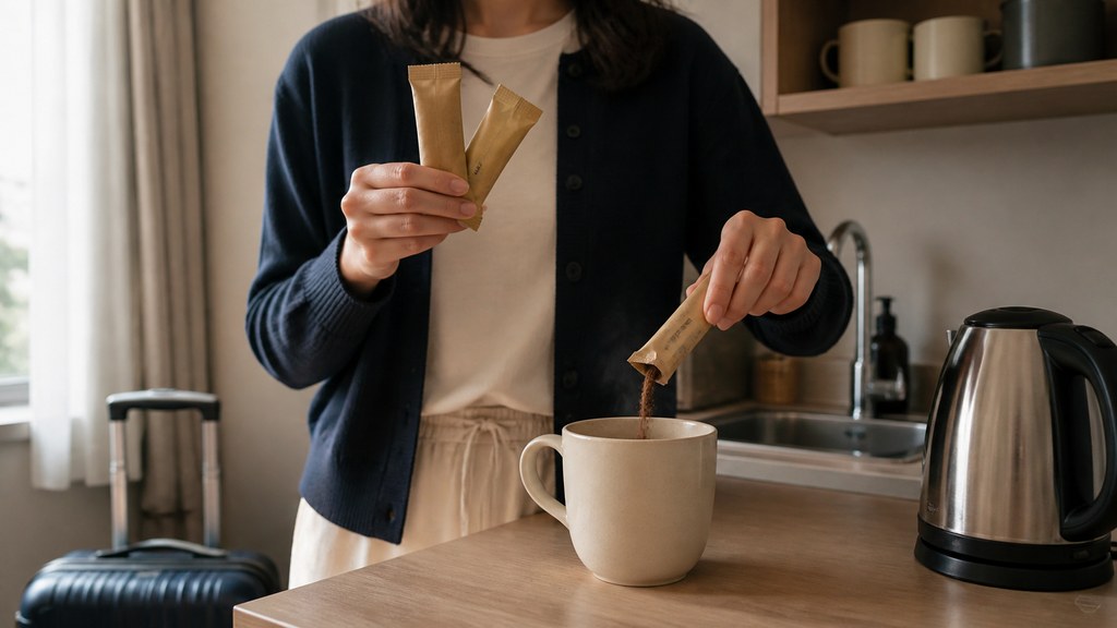 Korean instant coffee sticks Maxim vs KANU 2026 AI editorial illustration of a traveler preparing coffee sticks in a Korean accommodation kitchenette