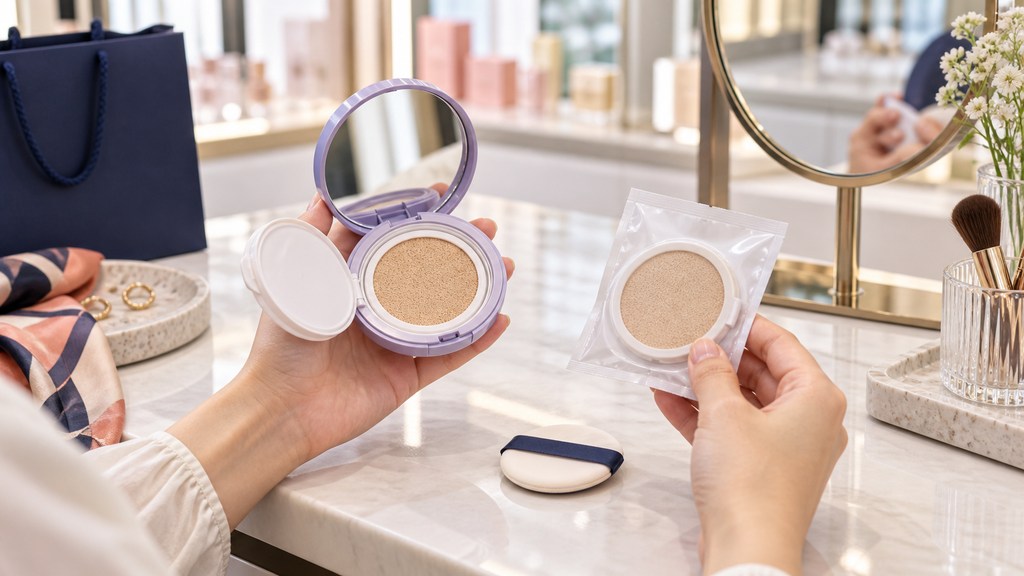 Korean cushion foundation compact or refill 2026 AI editorial illustration showing a traveler comparing an open compact with a sealed refill