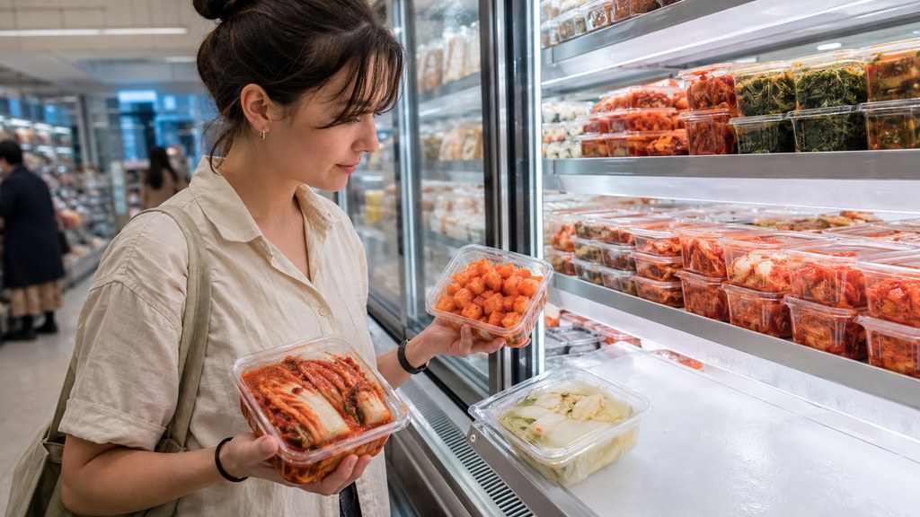 Korean kimchi for beginners 2026 AI editorial illustration of a traveler comparing chilled kimchi packs in a Seoul supermarket
