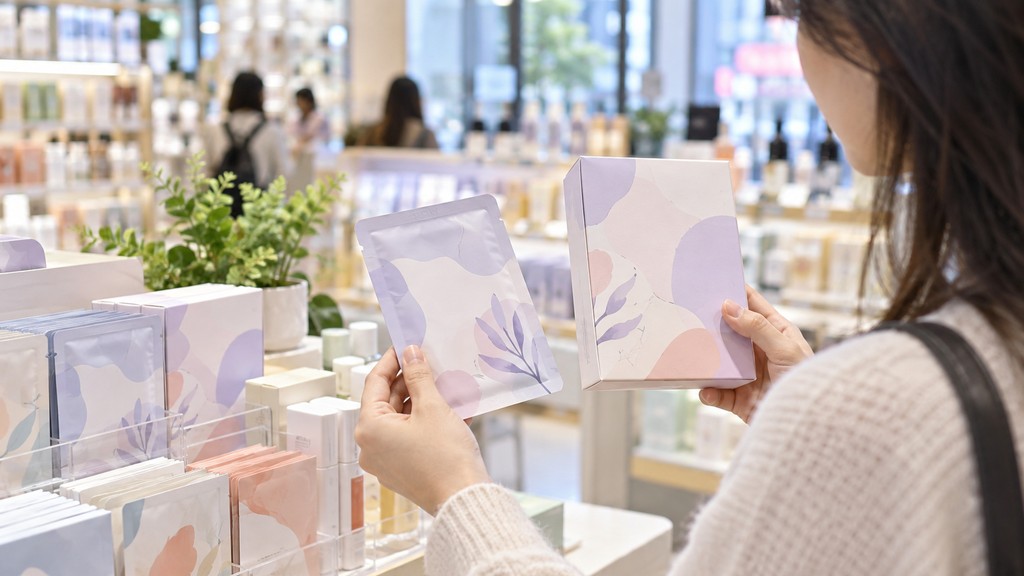 Korean sheet masks single pack or 10-sheet box 2026 AI editorial illustration of an international visitor comparing two pack formats in a Korean beauty store