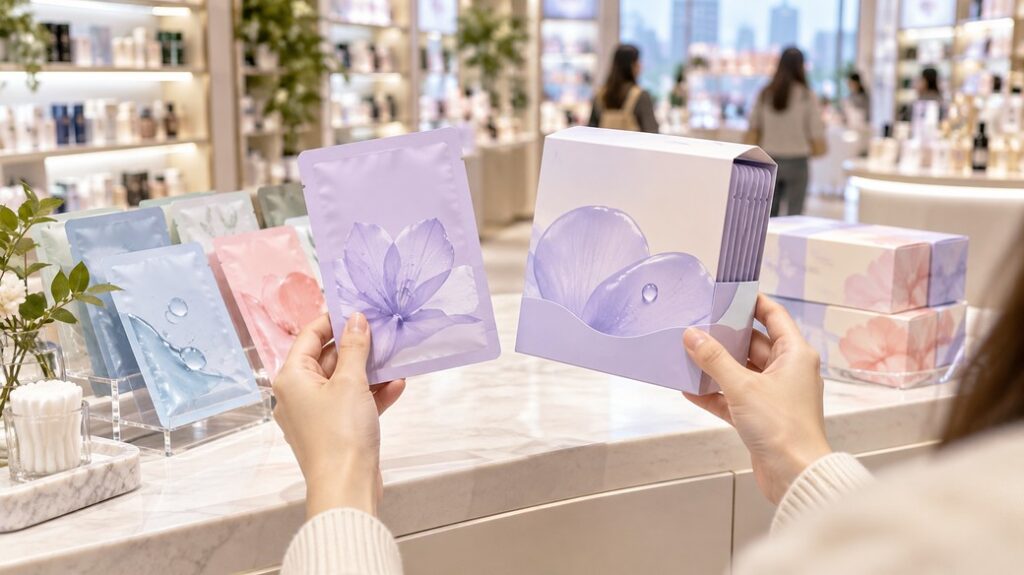 Korean sheet masks single pack or 10-sheet box 2026 shopping thumbnail showing two generic pack formats in a Korean beauty store
