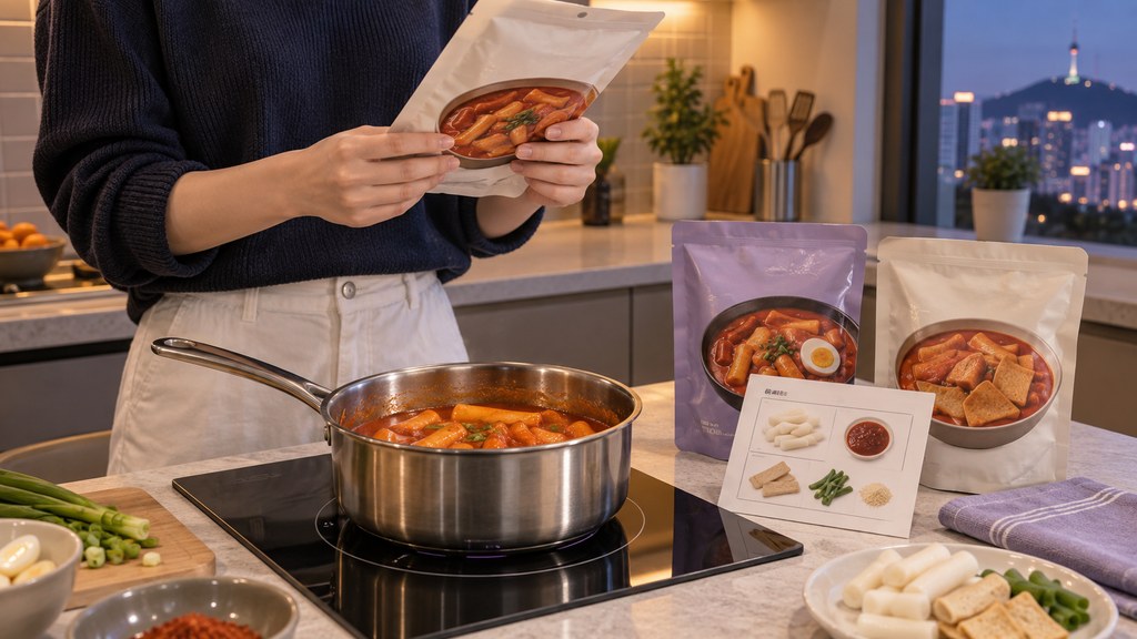 Korean tteokbokki kits flavors 2026 AI editorial illustration of a visitor checking a rice-cake meal kit before cooking