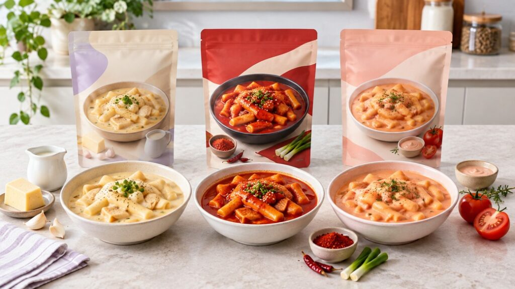 Korean tteokbokki kits flavors 2026 thumbnail showing three prepared rice-cake flavor directions