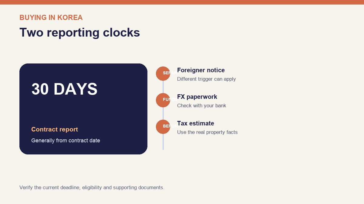 property purchase report deadline Korea decision infographic with verified steps and cost checks