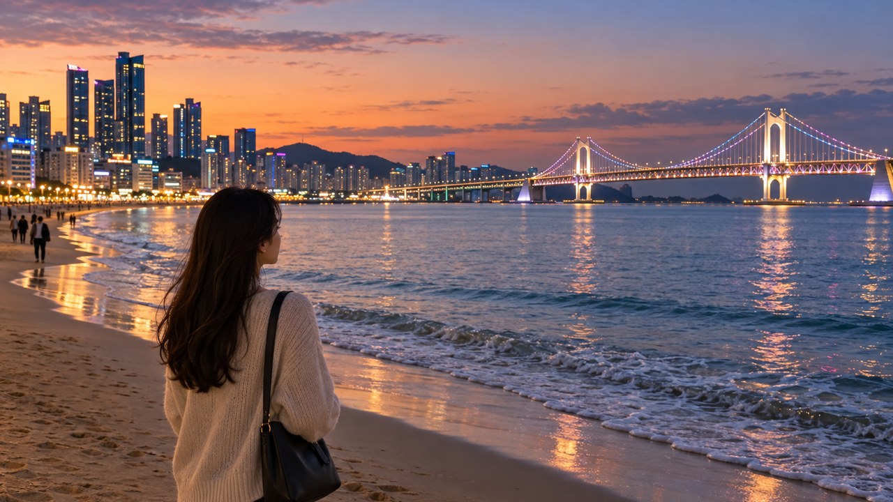 how to get to Gwangalli Beach for Busan Fireworks Festival: AI-generated conceptual view of Gwangalli Beach and Gwangan Bridge at sunset