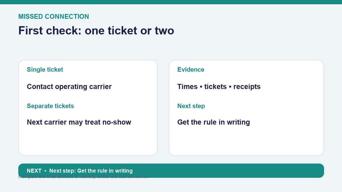 Korea missed connection refund decision infographic with verified steps and cost checks