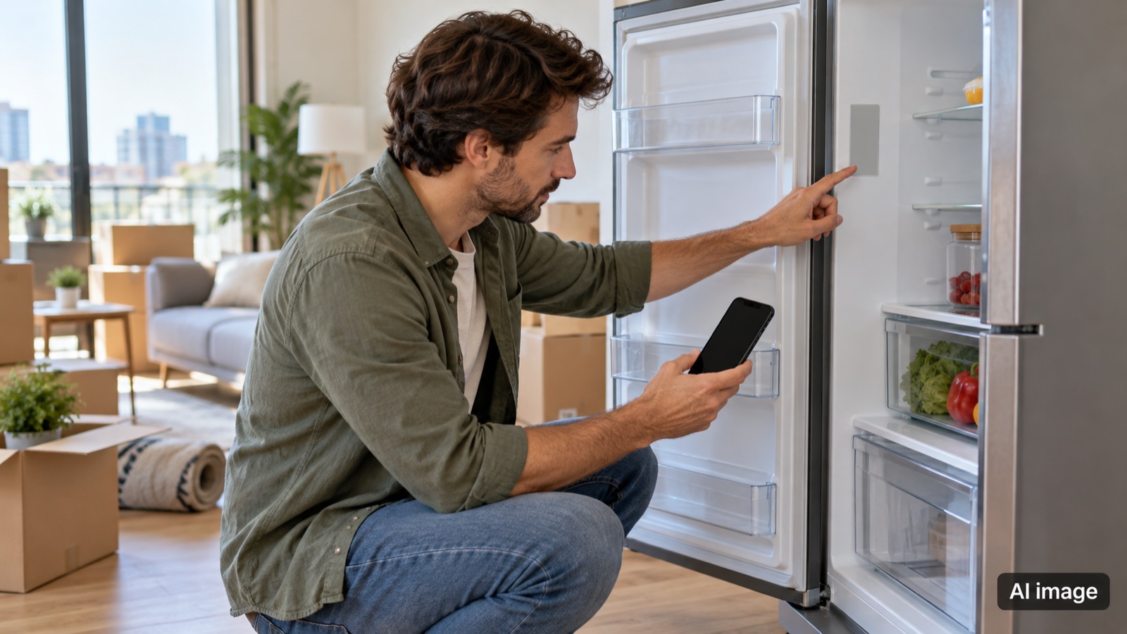 Samsung appliance warranty abroad — AI image of a person checking a refrigerator model during an international move.